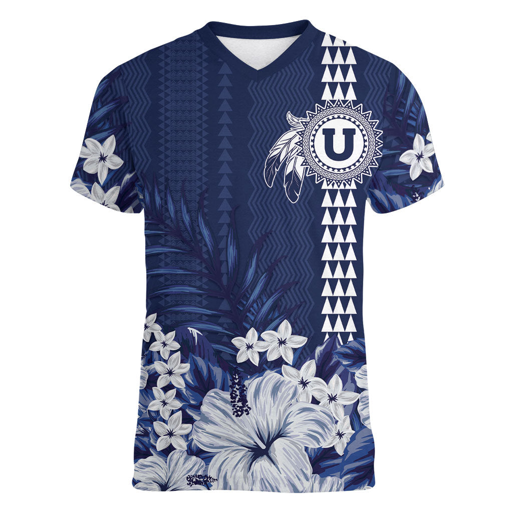 Personalized Utah State Women V-Neck T-Shirt Polynesian Style LT05 Female Blue - Polynesian Pride