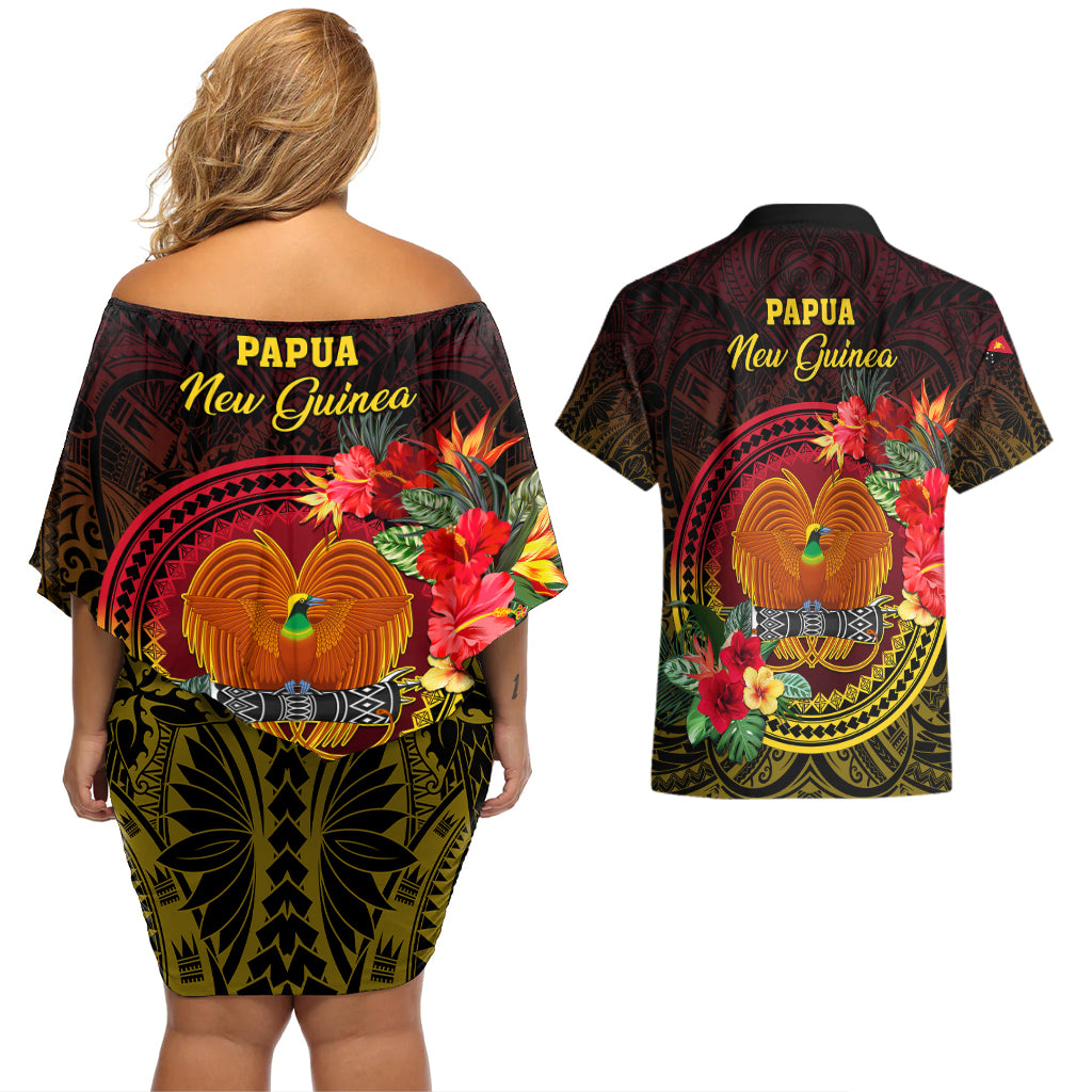Papua New Guinea Couples Matching Off Shoulder Short Dress and Hawaiian Shirt Coat Of Arms Tropical Flowers Polynesian Pattern LT05 - Polynesian Pride