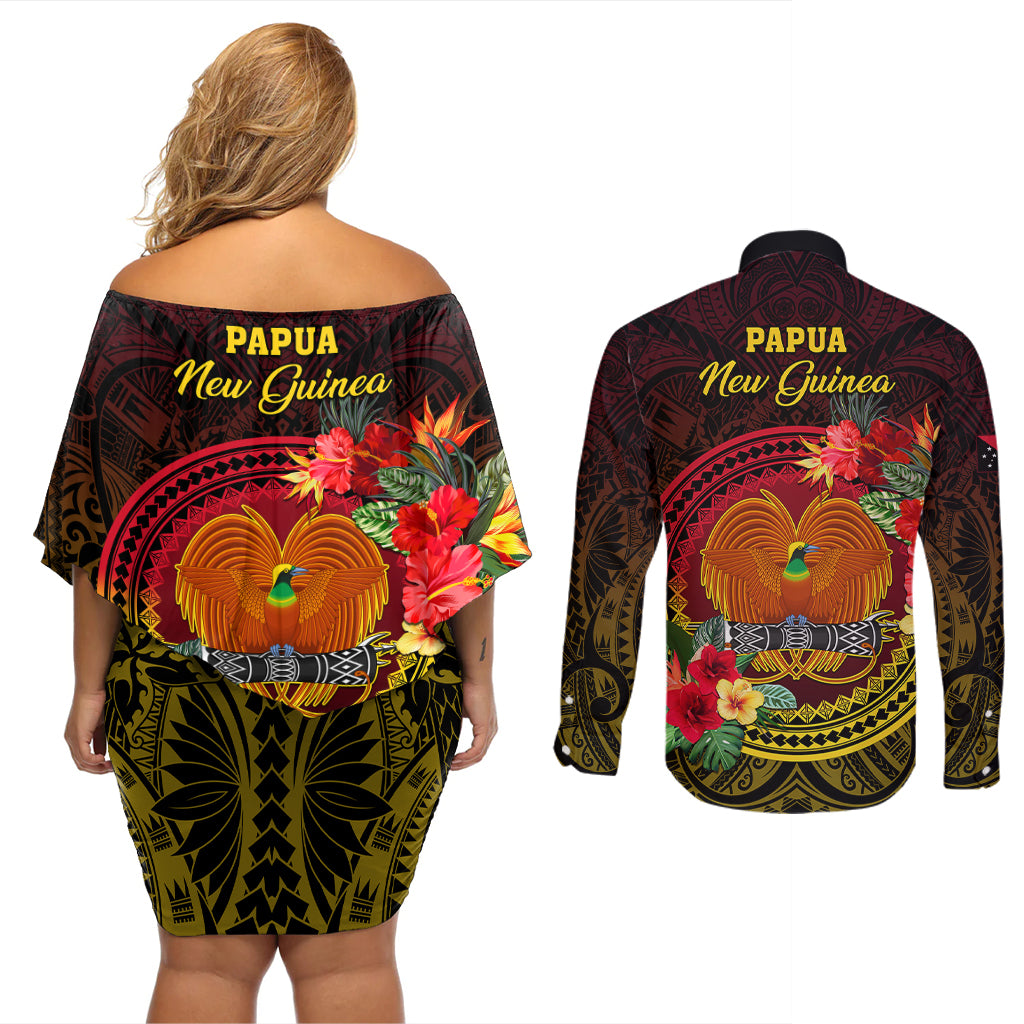 Papua New Guinea Couples Matching Off Shoulder Short Dress and Long Sleeve Button Shirts Coat Of Arms Tropical Flowers Polynesian Pattern LT05 - Polynesian Pride