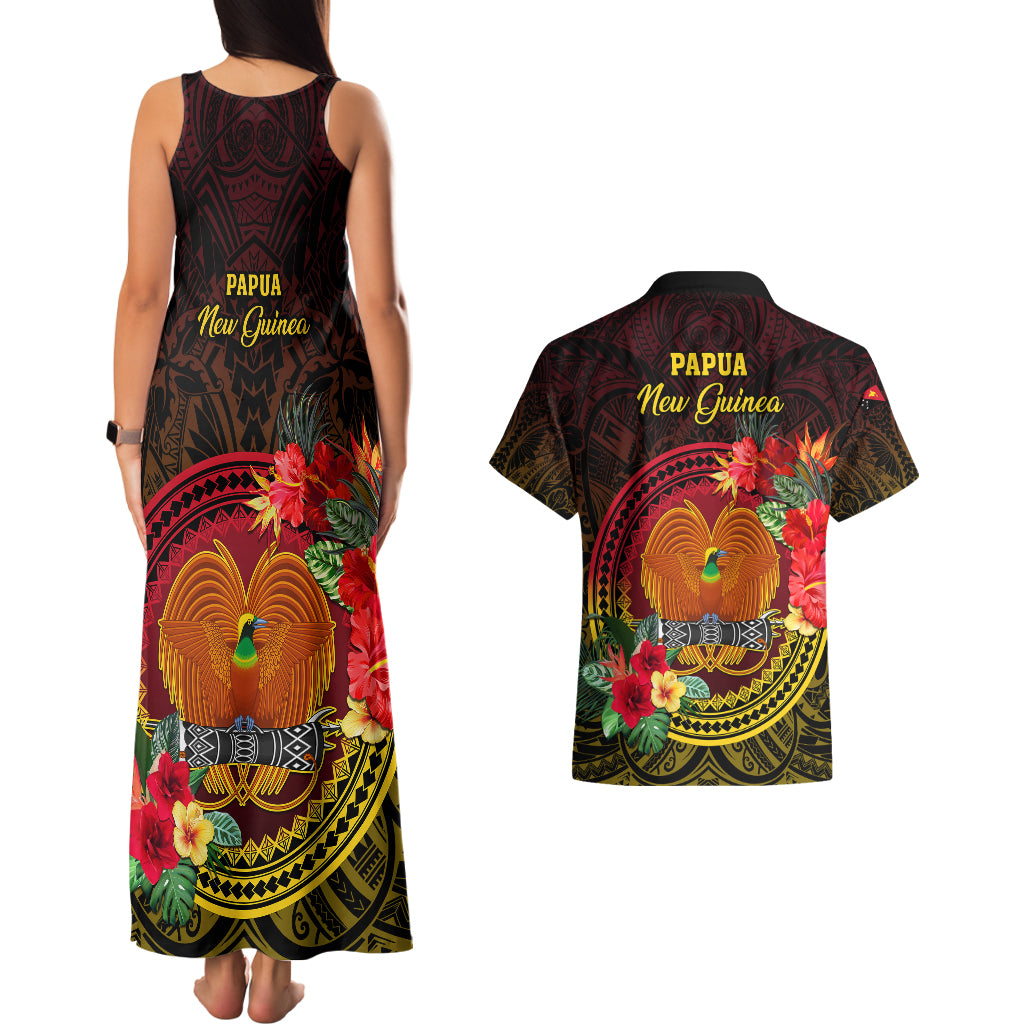 Papua New Guinea Couples Matching Tank Maxi Dress and Hawaiian Shirt Coat Of Arms Tropical Flowers Polynesian Pattern LT05 - Polynesian Pride