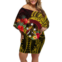 Papua New Guinea Family Matching Off Shoulder Short Dress and Hawaiian Shirt Coat Of Arms Tropical Flowers Polynesian Pattern LT05 Mom's Dress Yellow - Polynesian Pride