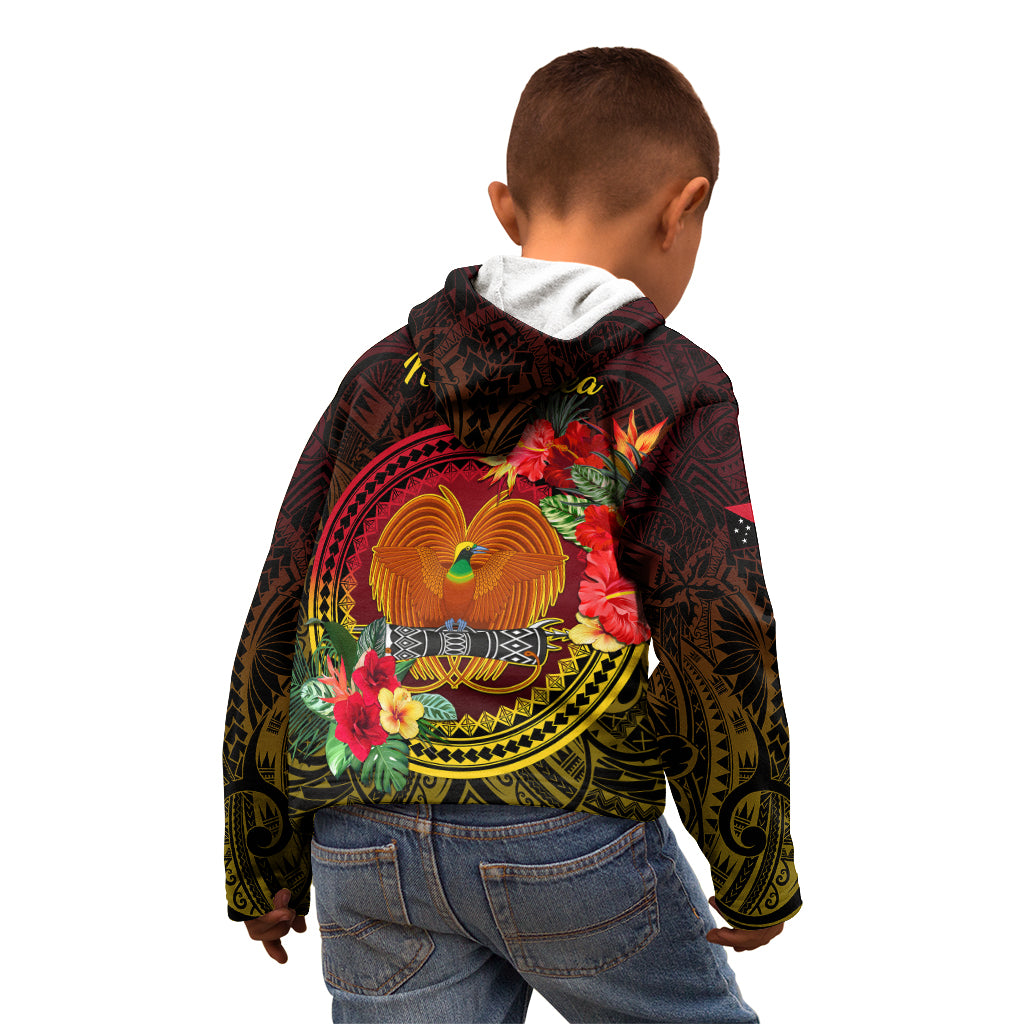 Papua New Guinea Kid Hoodie Coat Of Arms Tropical Flowers Polynesian Pattern LT05 - Polynesian Pride