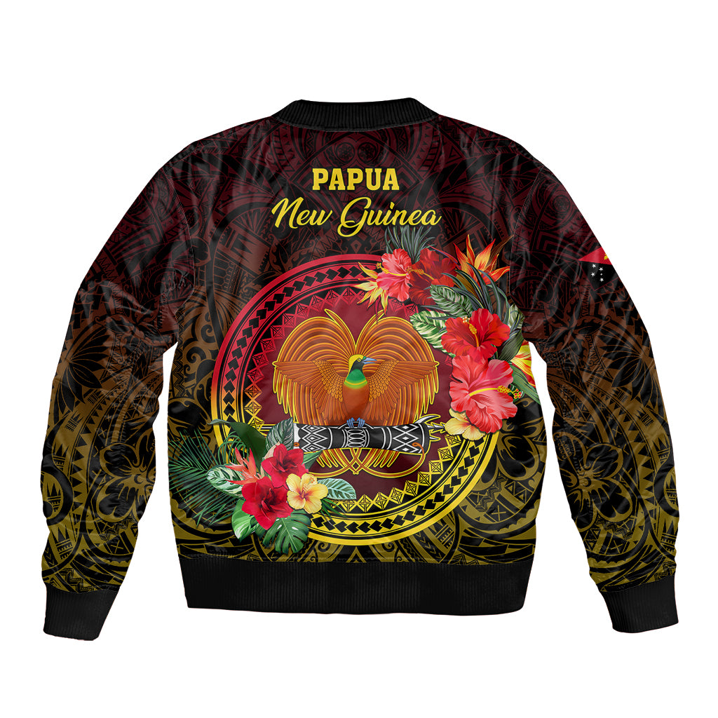 Papua New Guinea Sleeve Zip Bomber Jacket Coat Of Arms Tropical Flowers Polynesian Pattern LT05 - Polynesian Pride