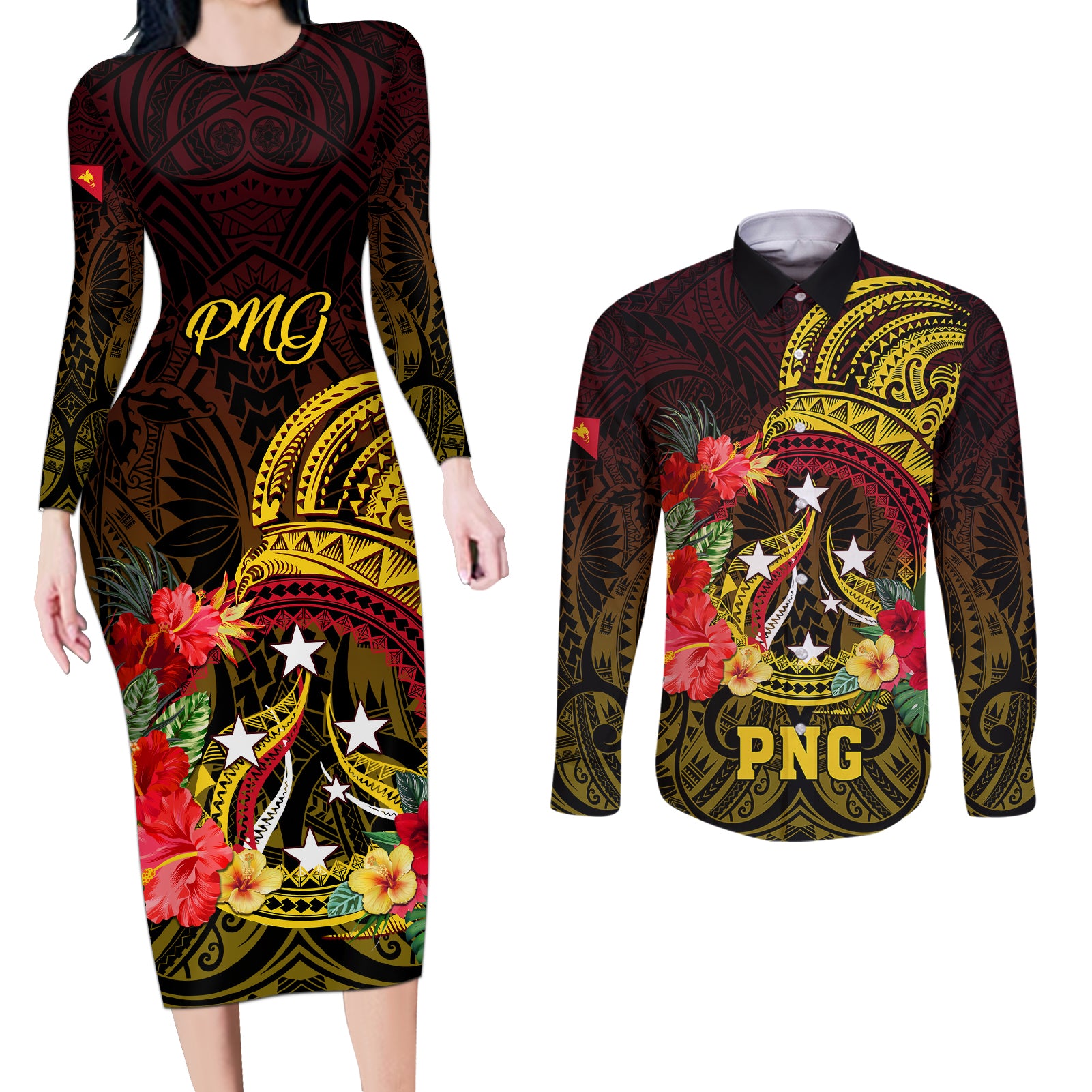 Personalized Papua New Guinea Couples Matching Long Sleeve Bodycon Dress and Long Sleeve Button Shirts Coat Of Arms Tropical Flowers Polynesian Pattern LT05 Yellow - Polynesian Pride