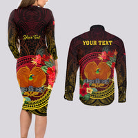 Personalized Papua New Guinea Couples Matching Long Sleeve Bodycon Dress and Long Sleeve Button Shirts Coat Of Arms Tropical Flowers Polynesian Pattern LT05 - Polynesian Pride