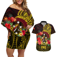 Personalized Papua New Guinea Couples Matching Off Shoulder Short Dress and Hawaiian Shirt Coat Of Arms Tropical Flowers Polynesian Pattern LT05 Yellow - Polynesian Pride