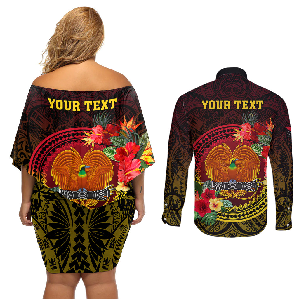 Personalized Papua New Guinea Couples Matching Off Shoulder Short Dress and Long Sleeve Button Shirts Coat Of Arms Tropical Flowers Polynesian Pattern LT05 - Polynesian Pride