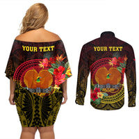 Personalized Papua New Guinea Couples Matching Off Shoulder Short Dress and Long Sleeve Button Shirts Coat Of Arms Tropical Flowers Polynesian Pattern LT05 - Polynesian Pride