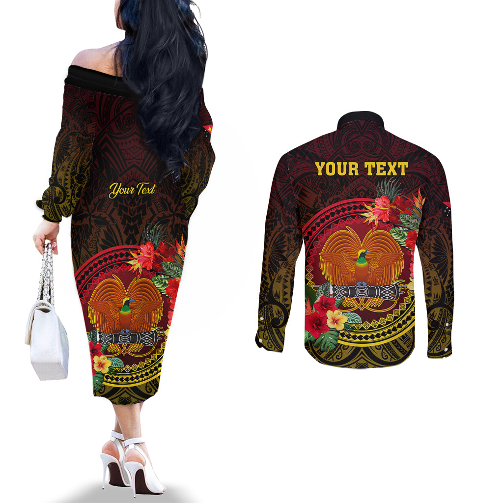 Personalized Papua New Guinea Couples Matching Off The Shoulder Long Sleeve Dress and Long Sleeve Button Shirts Coat Of Arms Tropical Flowers Polynesian Pattern LT05 - Polynesian Pride