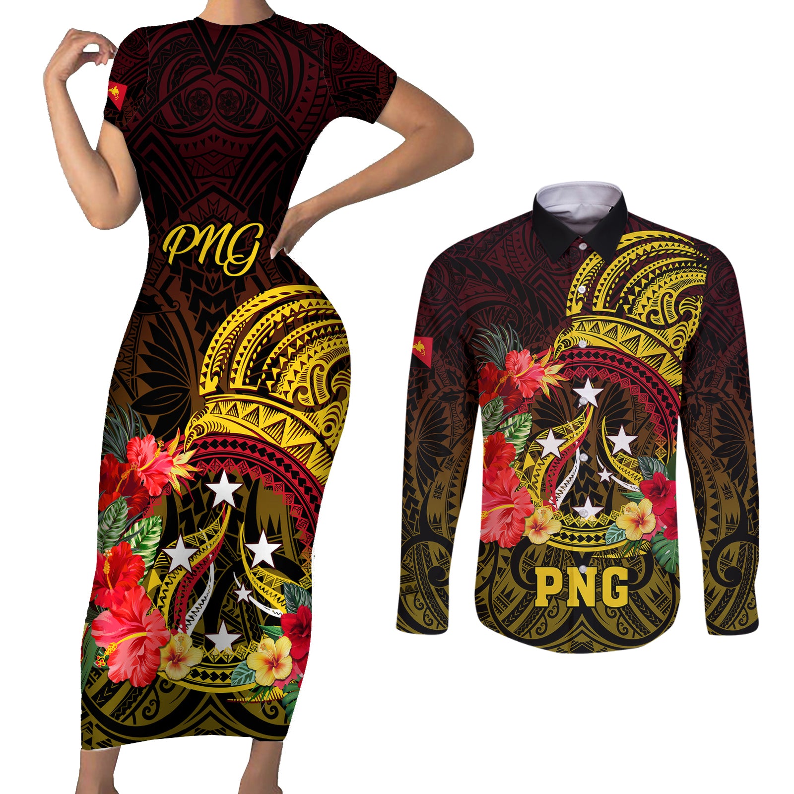 Personalized Papua New Guinea Couples Matching Short Sleeve Bodycon Dress and Long Sleeve Button Shirts Coat Of Arms Tropical Flowers Polynesian Pattern LT05 Yellow - Polynesian Pride