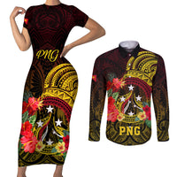 Personalized Papua New Guinea Couples Matching Short Sleeve Bodycon Dress and Long Sleeve Button Shirts Coat Of Arms Tropical Flowers Polynesian Pattern LT05 Yellow - Polynesian Pride