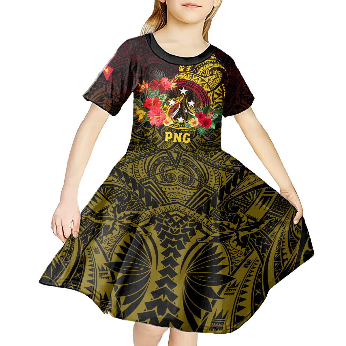 Personalized Papua New Guinea Kid Short Sleeve Dress Coat Of Arms Tropical Flowers Polynesian Pattern LT05 - Polynesian Pride
