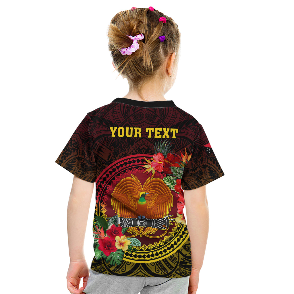 Personalized Papua New Guinea Kid T Shirt Coat Of Arms Tropical Flowers Polynesian Pattern LT05 - Polynesian Pride