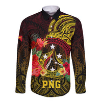 Personalized Papua New Guinea Long Sleeve Button Shirt Coat Of Arms Tropical Flowers Polynesian Pattern LT05 Unisex Yellow - Polynesian Pride