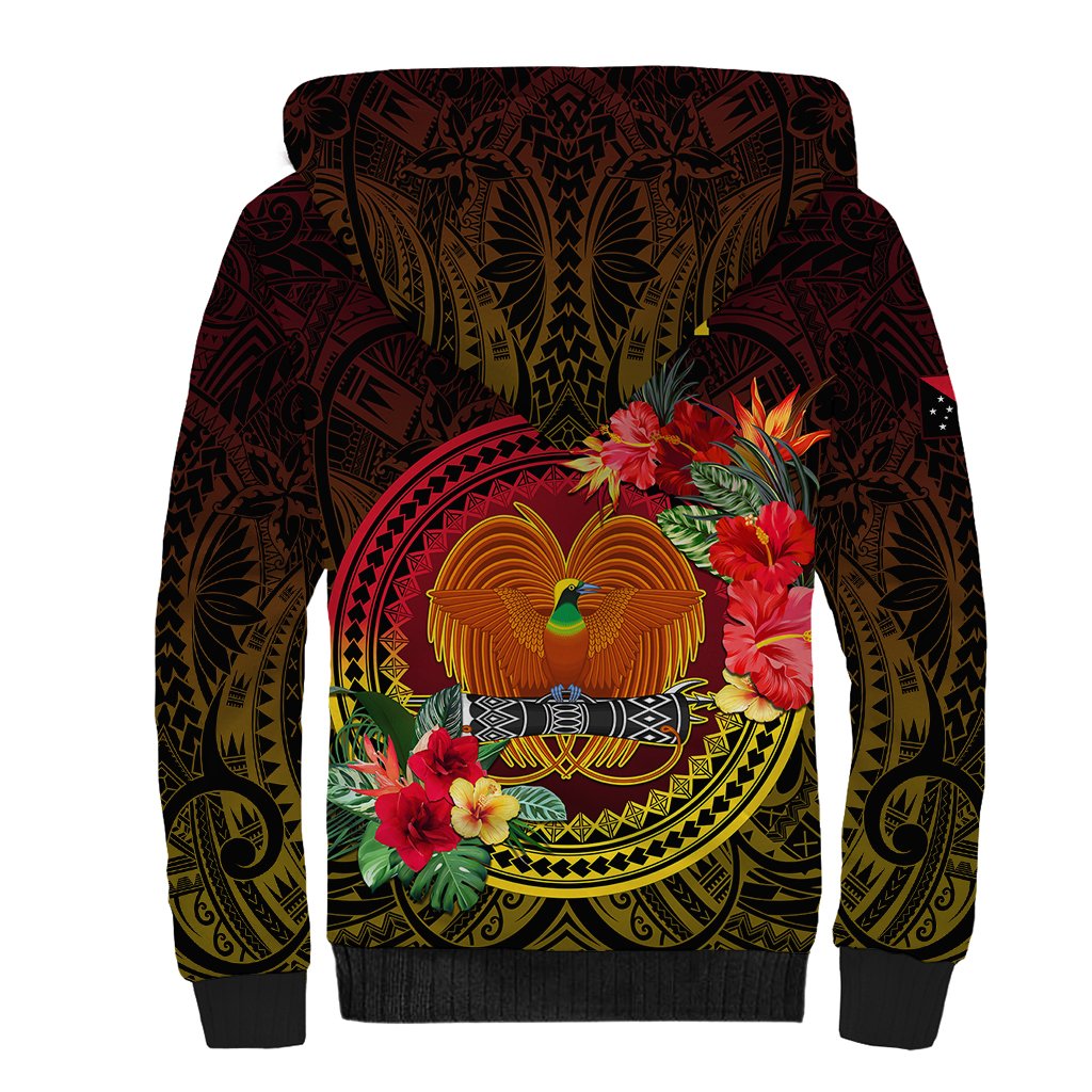 Personalized Papua New Guinea Sherpa Hoodie Coat Of Arms Tropical Flowers Polynesian Pattern LT05 - Polynesian Pride