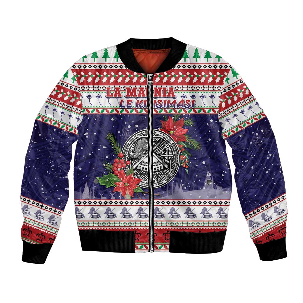 American Samoa Christmas Bomber Jacket Poinsettia La Maunia Le Kilisimasi