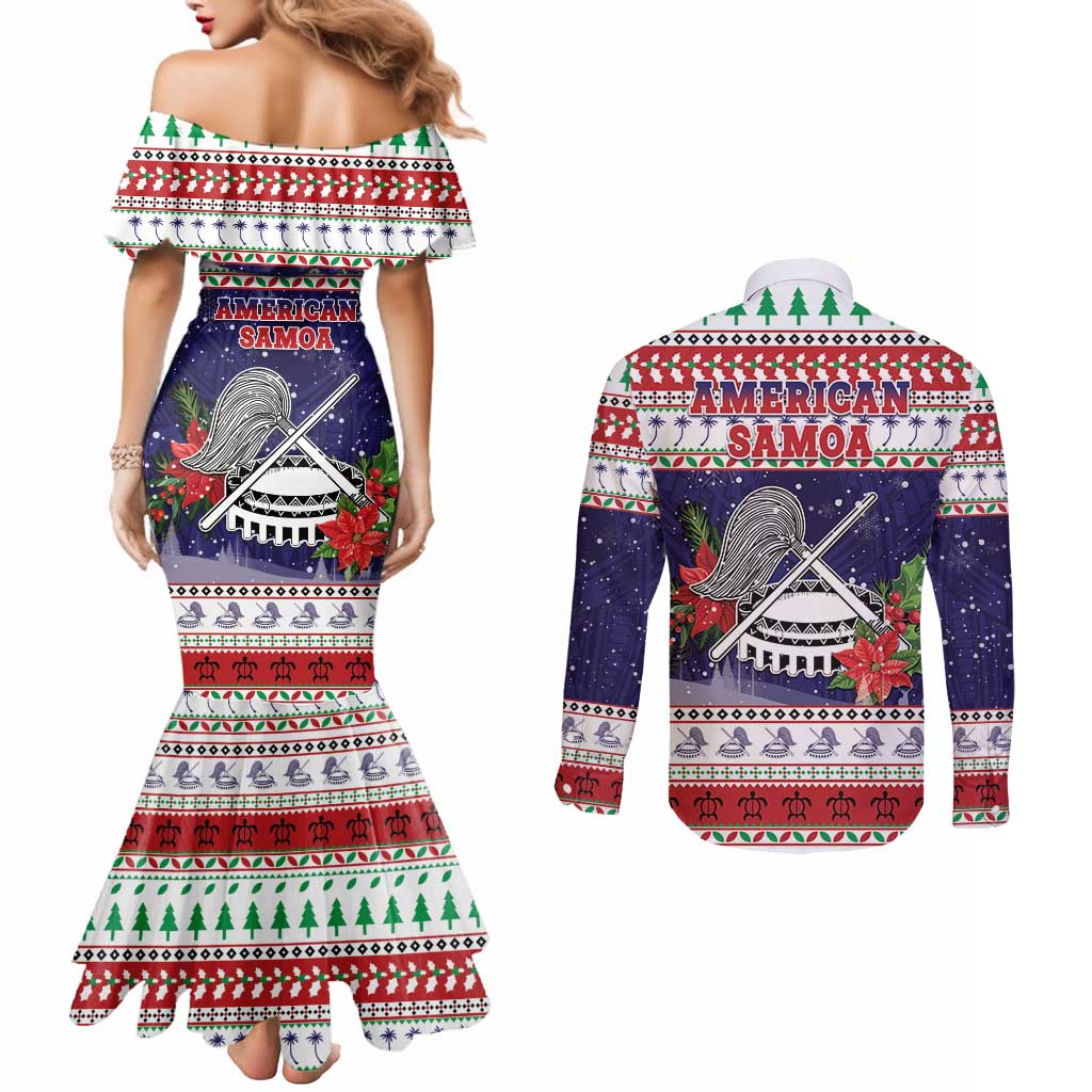 American Samoa Christmas Couples Matching Mermaid Dress and Long Sleeve Button Shirt Poinsettia La Maunia Le Kilisimasi
