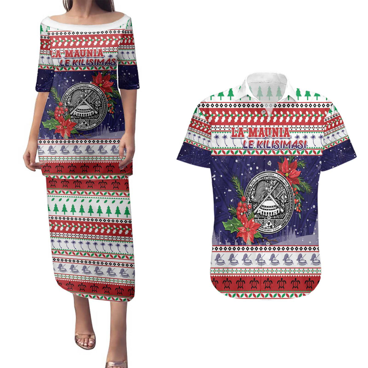 American Samoa Christmas Couples Matching Puletasi and Hawaiian Shirt Poinsettia La Maunia Le Kilisimasi LT05 White - Polynesian Pride
