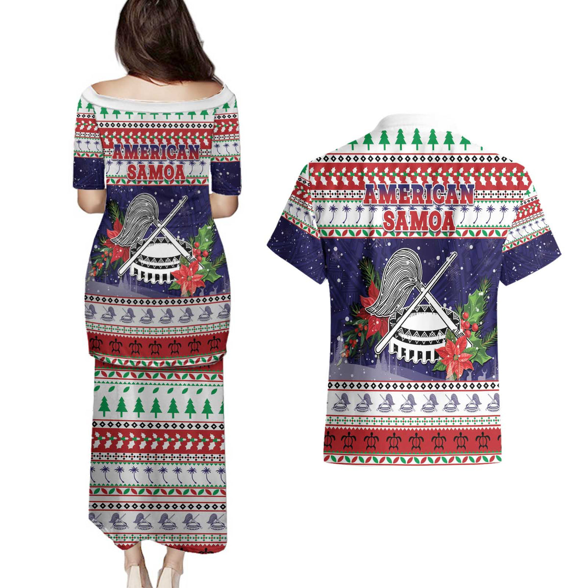 American Samoa Christmas Couples Matching Puletasi and Hawaiian Shirt Poinsettia La Maunia Le Kilisimasi LT05 - Polynesian Pride