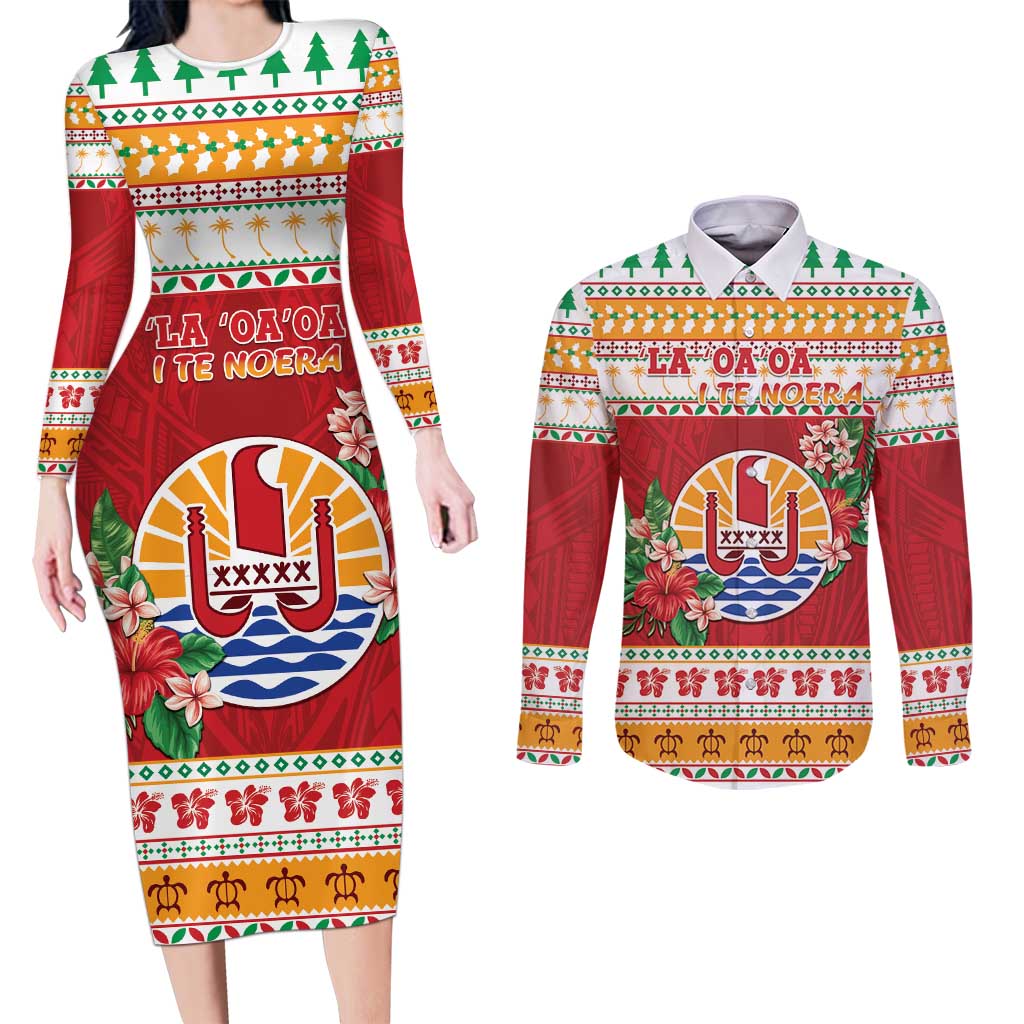 French Polynesia Christmas Couples Matching Long Sleeve Bodycon Dress and Long Sleeve Button Shirt Coat Of Arms Merry Xmas