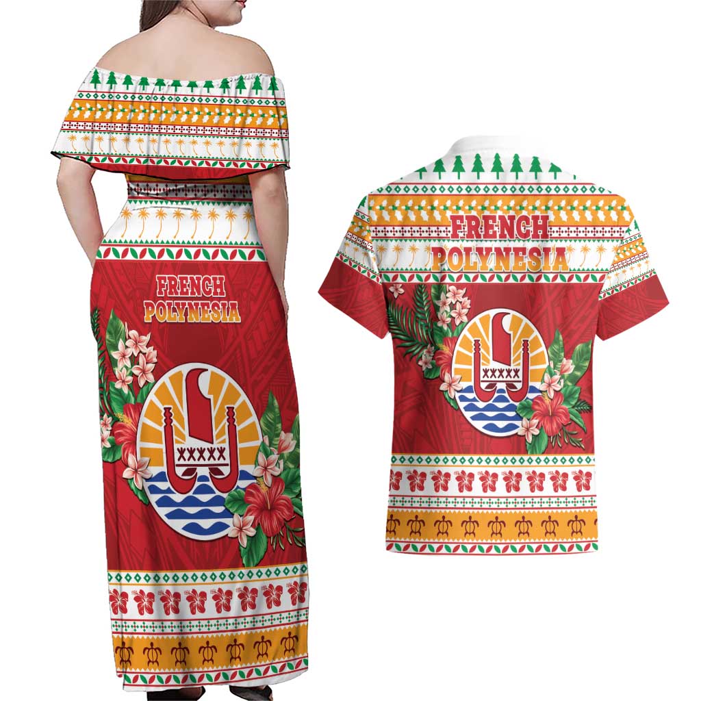 French Polynesia Christmas Couples Matching Off Shoulder Maxi Dress and Hawaiian Shirt Coat Of Arms Merry Xmas