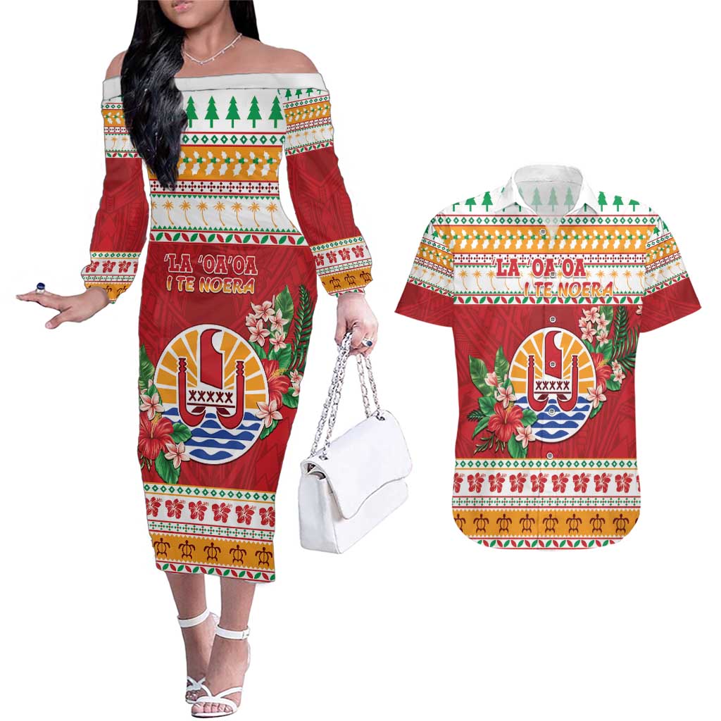 French Polynesia Christmas Couples Matching Off The Shoulder Long Sleeve Dress and Hawaiian Shirt Coat Of Arms Merry Xmas LT05 Red - Polynesian Pride