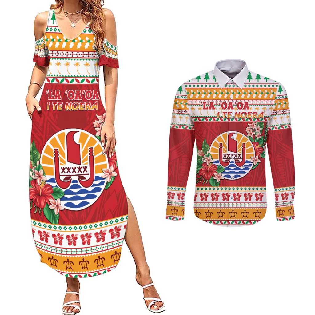 French Polynesia Christmas Couples Matching Summer Maxi Dress and Long Sleeve Button Shirt Coat Of Arms Merry Xmas