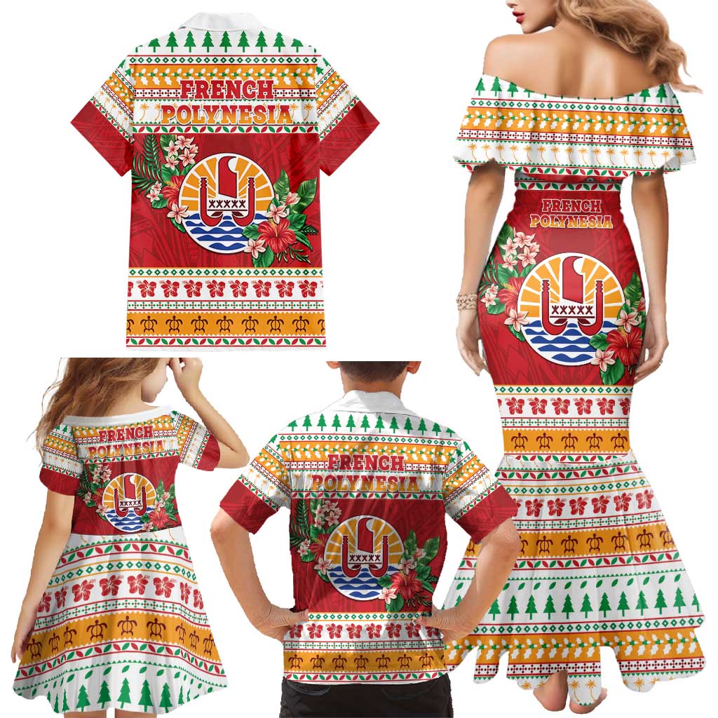 French Polynesia Christmas Family Matching Mermaid Dress and Hawaiian Shirt Coat Of Arms Merry Xmas