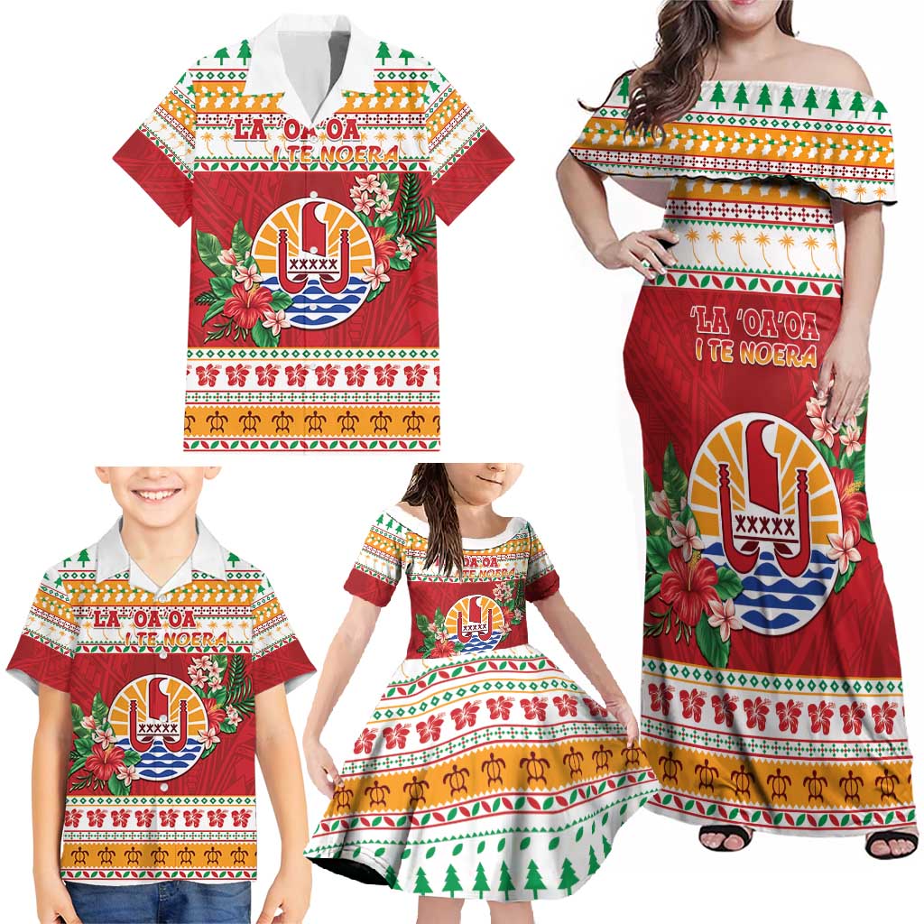 French Polynesia Christmas Family Matching Off Shoulder Maxi Dress and Hawaiian Shirt Coat Of Arms Merry Xmas