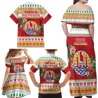 French Polynesia Christmas Family Matching Off Shoulder Maxi Dress and Hawaiian Shirt Coat Of Arms Merry Xmas