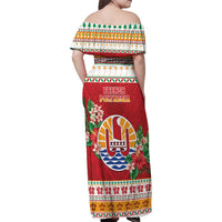 French Polynesia Christmas Family Matching Off Shoulder Maxi Dress and Hawaiian Shirt Coat Of Arms Merry Xmas