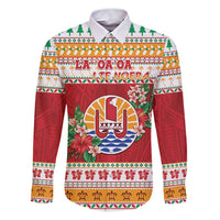 French Polynesia Christmas Family Matching Puletasi and Hawaiian Shirt Coat Of Arms Merry Xmas LT05 Dad's Shirt - Long Sleeve Red - Polynesian Pride