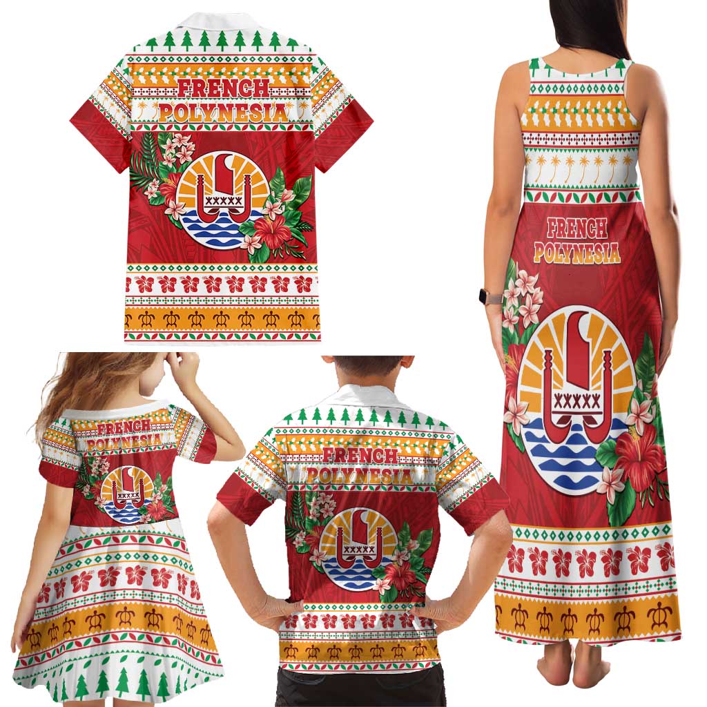 French Polynesia Christmas Family Matching Tank Maxi Dress and Hawaiian Shirt Coat Of Arms Merry Xmas
