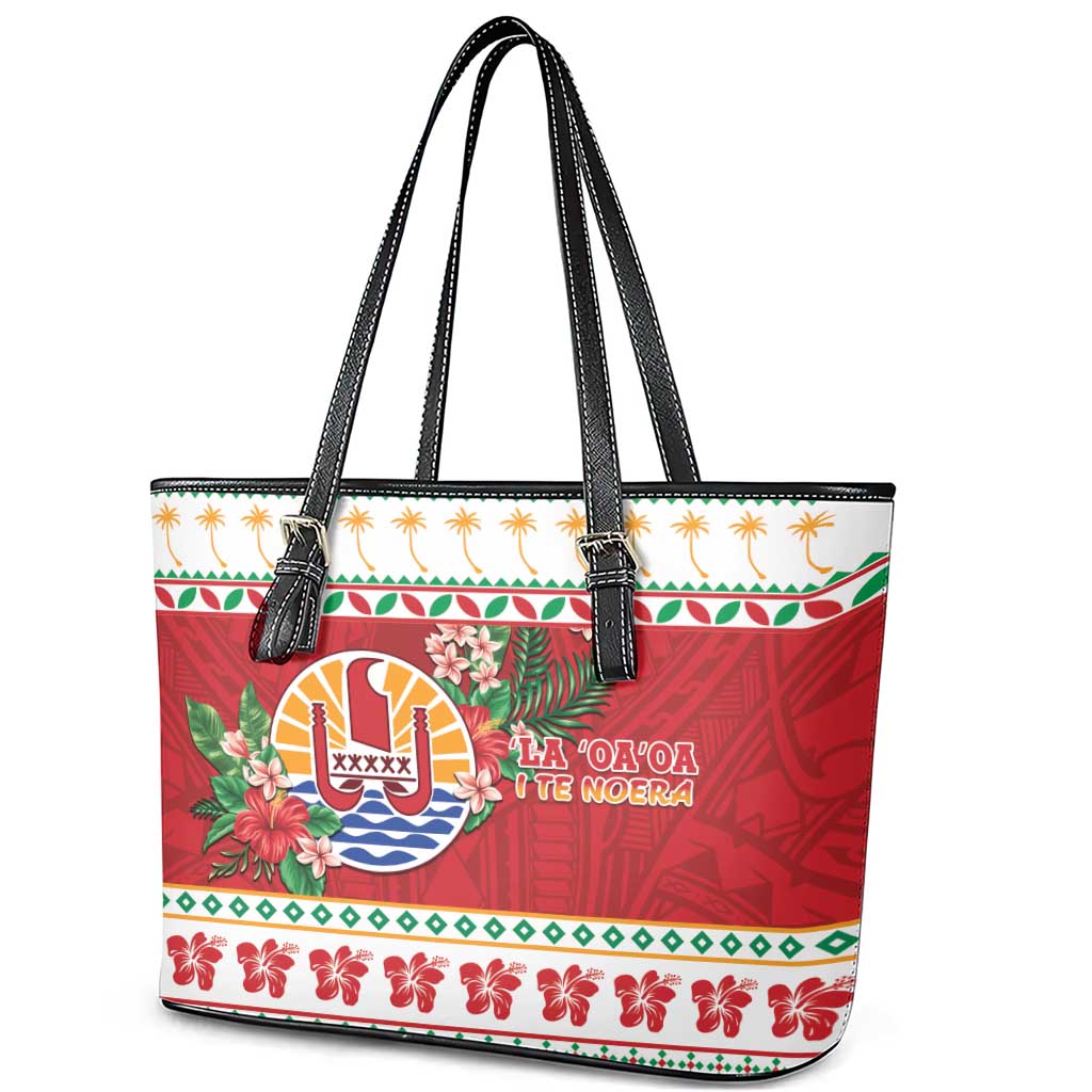 French Polynesia Christmas Leather Tote Bag Coat Of Arms Merry Xmas