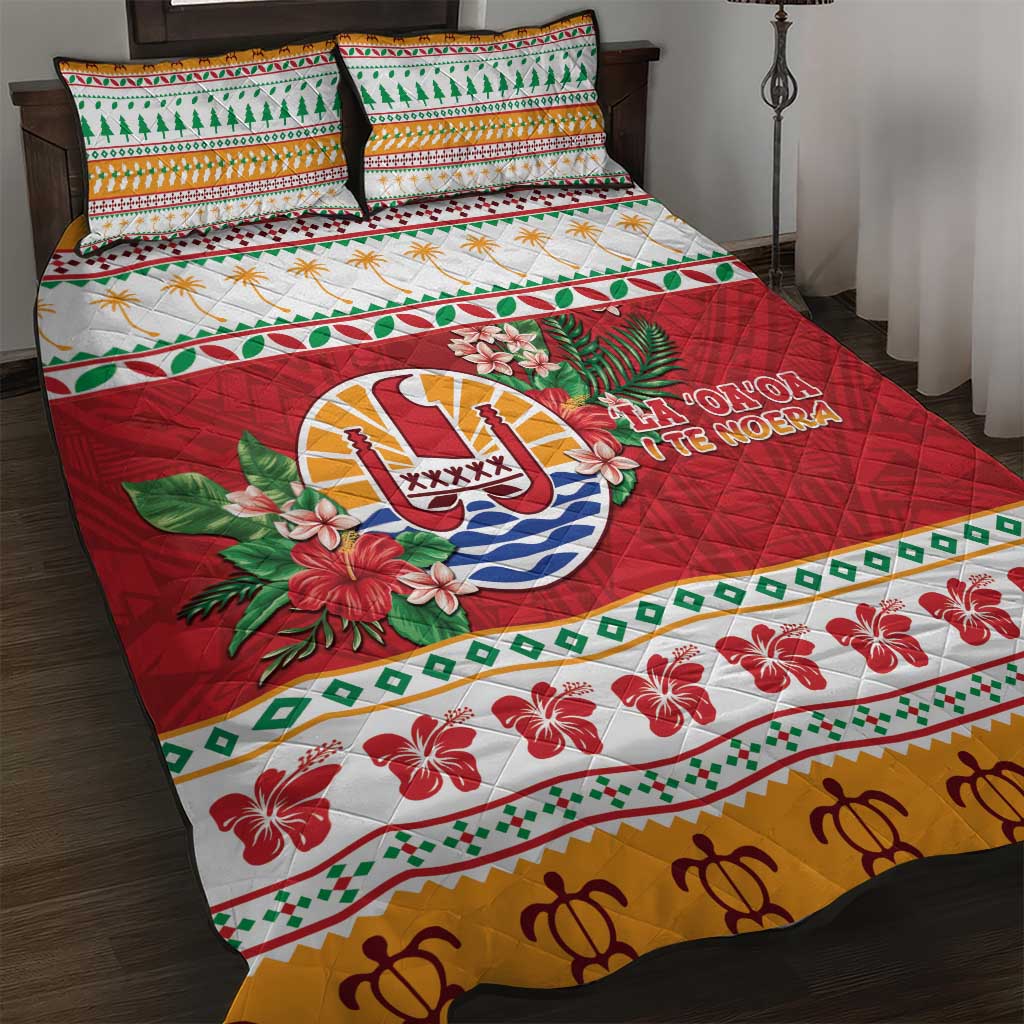 French Polynesia Christmas Quilt Bed Set Coat Of Arms Merry Xmas