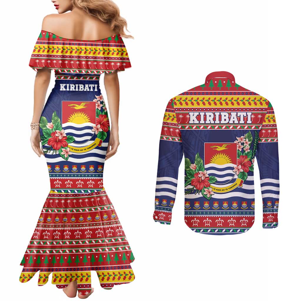 Kiribati Christmas Couples Matching Mermaid Dress and Long Sleeve Button Shirt Coat Of Arms Tekeraoi Te Kiritimati