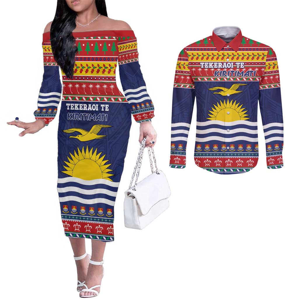 Kiribati Christmas Couples Matching Off The Shoulder Long Sleeve Dress and Long Sleeve Button Shirt Coat Of Arms Tekeraoi Te Kiritimati