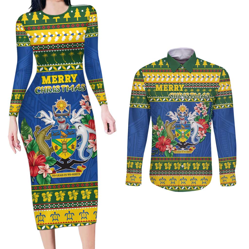 Solomon Islands Christmas Couples Matching Long Sleeve Bodycon Dress and Long Sleeve Button Shirt Coat Of Arms Merry Xmas