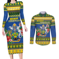 Solomon Islands Christmas Couples Matching Long Sleeve Bodycon Dress and Long Sleeve Button Shirt Coat Of Arms Merry Xmas