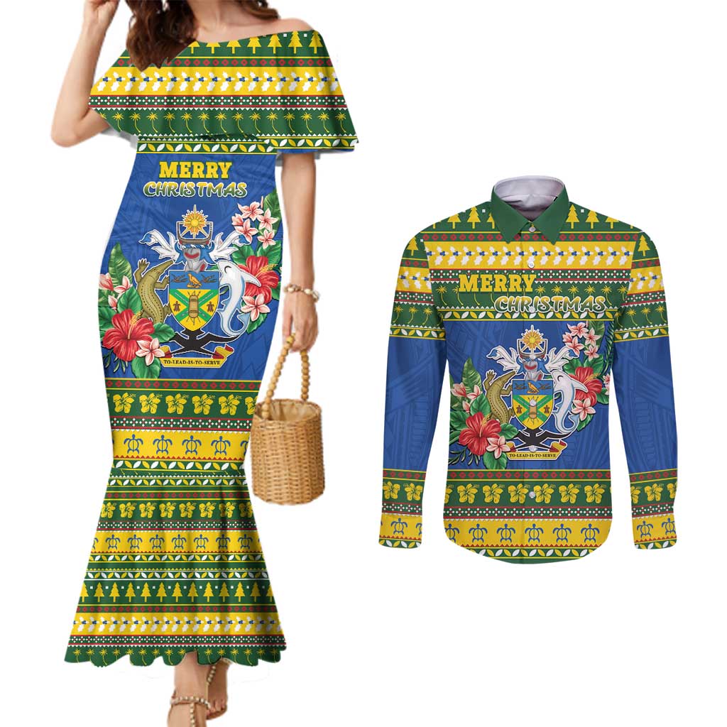 Solomon Islands Christmas Couples Matching Mermaid Dress and Long Sleeve Button Shirt Coat Of Arms Merry Xmas