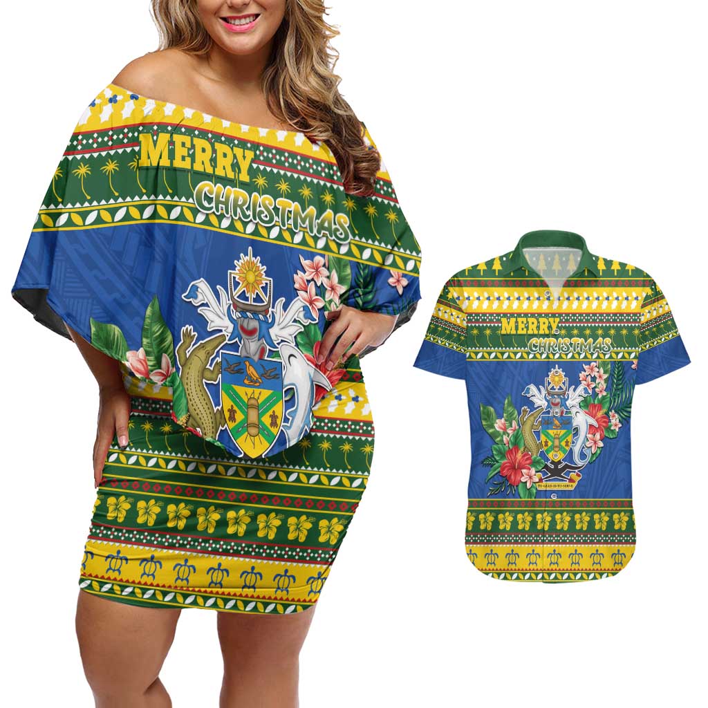 Solomon Islands Christmas Couples Matching Off Shoulder Short Dress and Hawaiian Shirt Coat Of Arms Merry Xmas