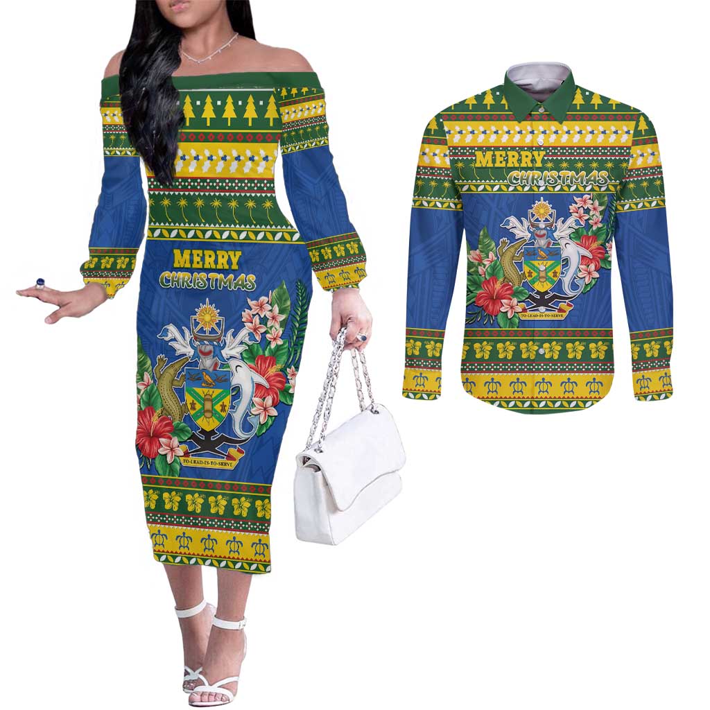 Solomon Islands Christmas Couples Matching Off The Shoulder Long Sleeve Dress and Long Sleeve Button Shirt Coat Of Arms Merry Xmas