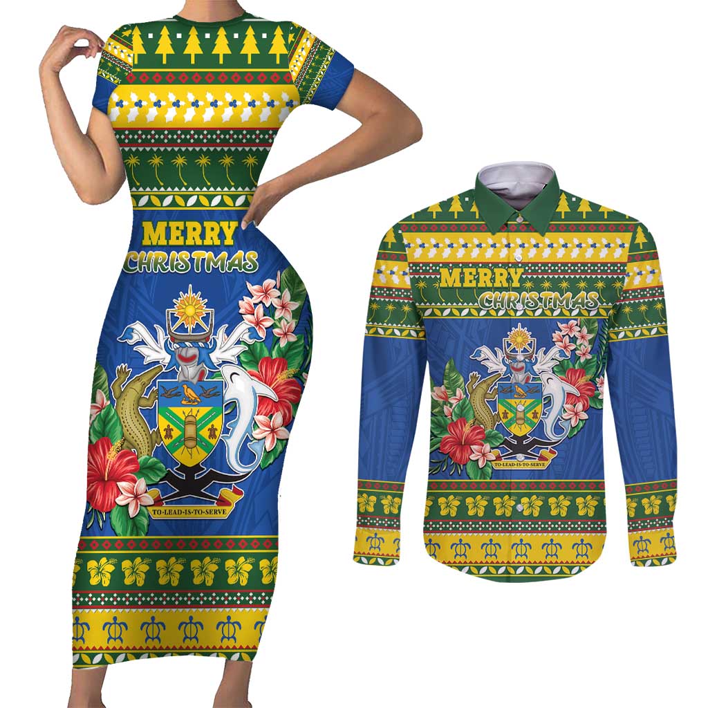 Solomon Islands Christmas Couples Matching Short Sleeve Bodycon Dress and Long Sleeve Button Shirt Coat Of Arms Merry Xmas