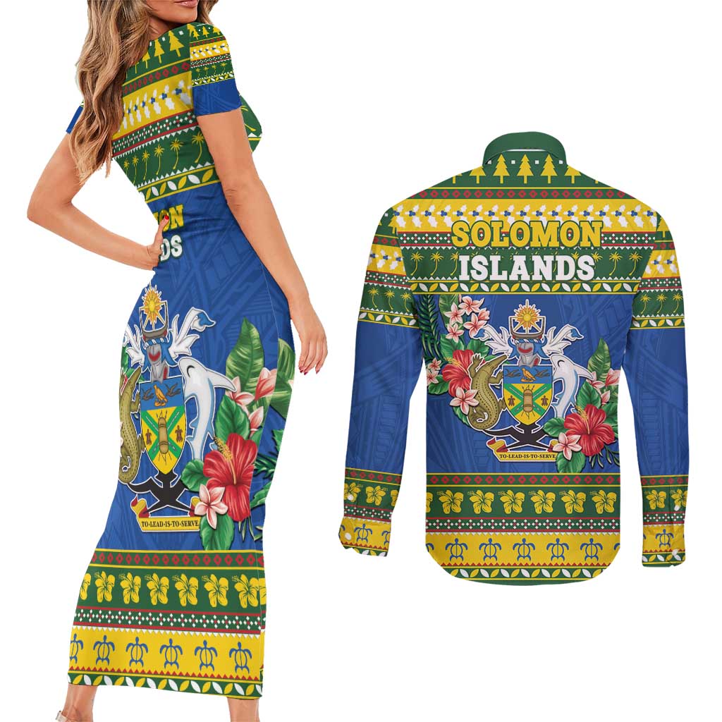 Solomon Islands Christmas Couples Matching Short Sleeve Bodycon Dress and Long Sleeve Button Shirt Coat Of Arms Merry Xmas