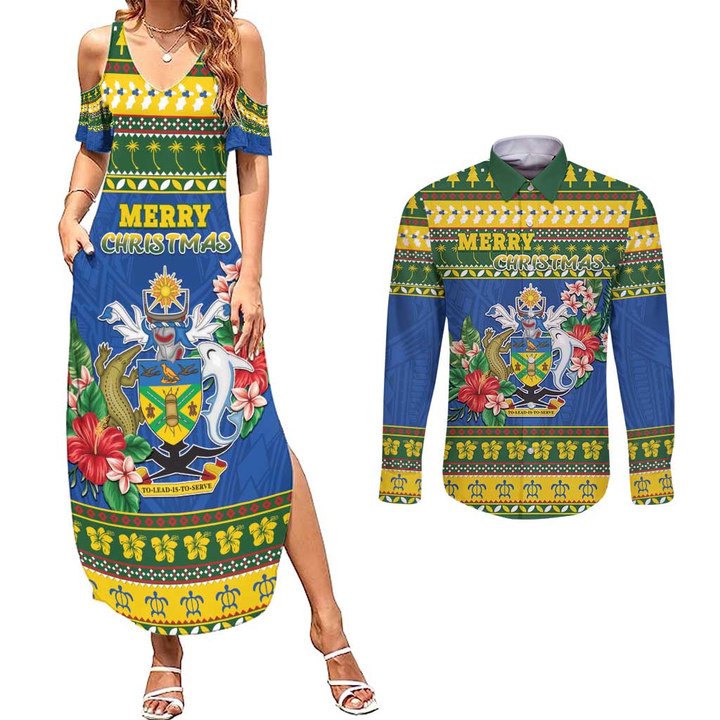 Solomon Islands Christmas Couples Matching Summer Maxi Dress and Long Sleeve Button Shirt Coat Of Arms Merry Xmas