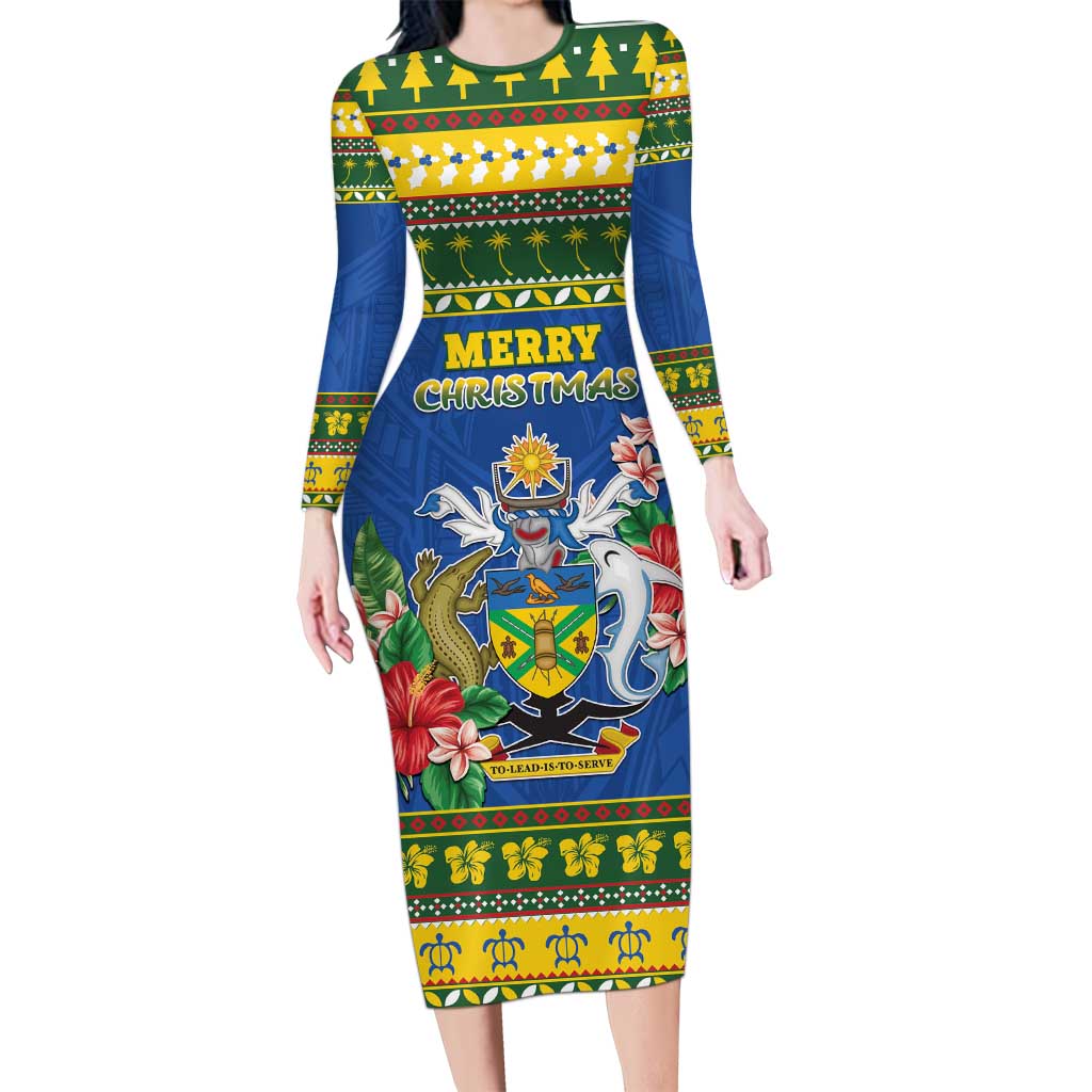 Solomon Islands Christmas Family Matching Long Sleeve Bodycon Dress and Hawaiian Shirt Coat Of Arms Merry Xmas