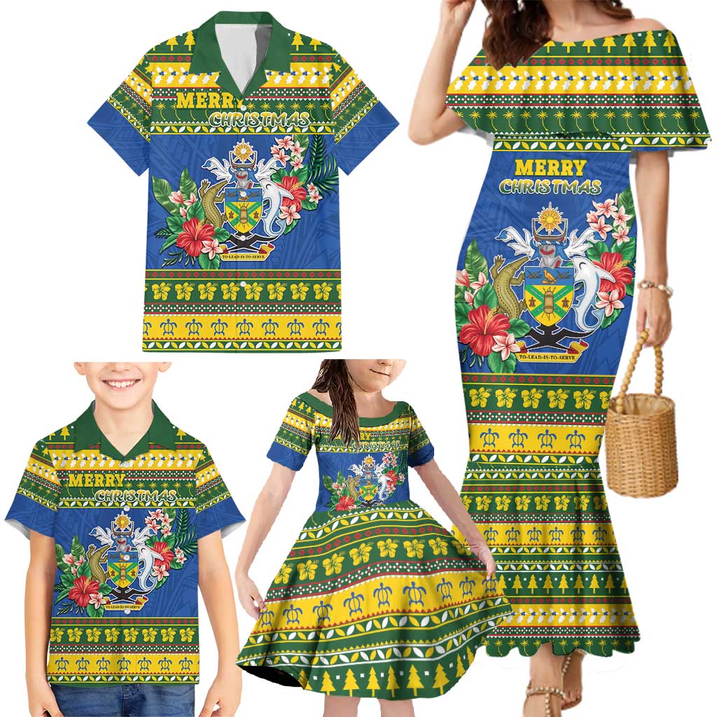 Solomon Islands Christmas Family Matching Mermaid Dress and Hawaiian Shirt Coat Of Arms Merry Xmas