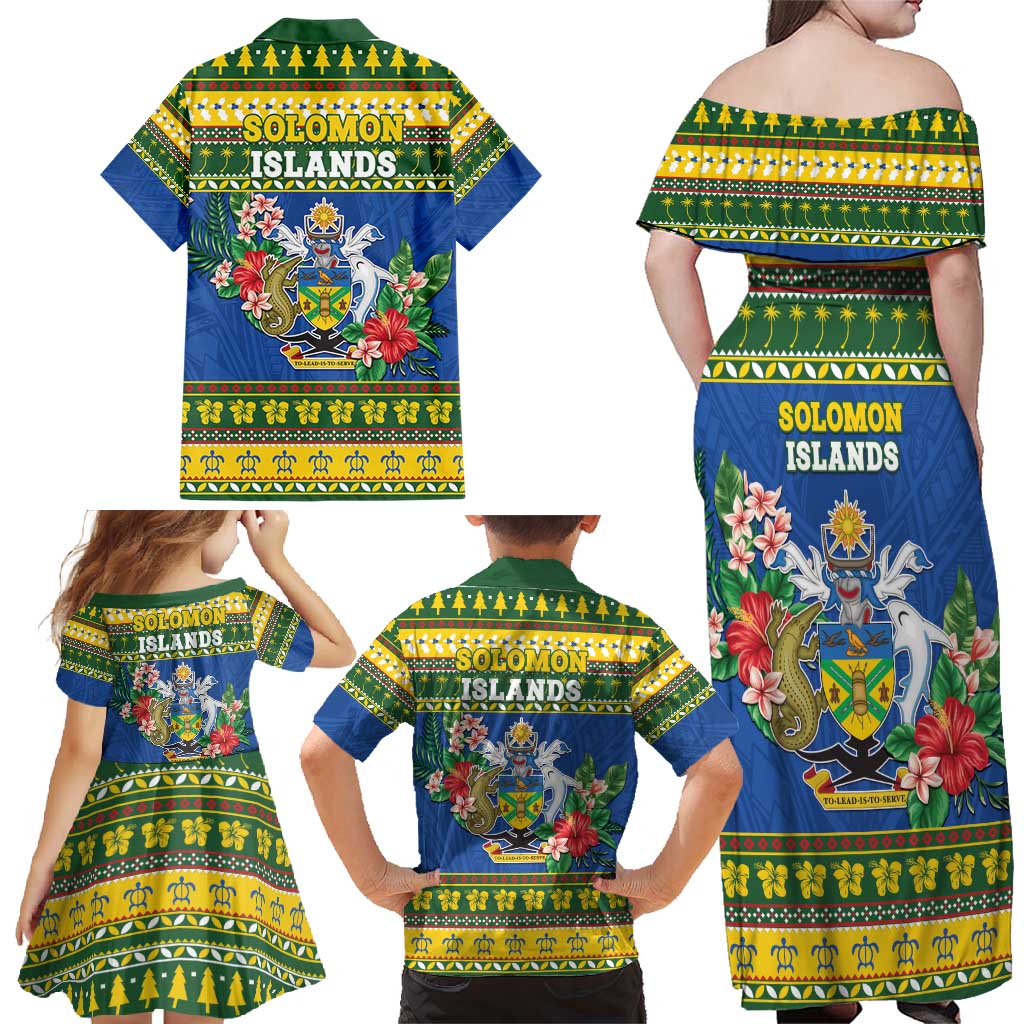 Solomon Islands Christmas Family Matching Off Shoulder Maxi Dress and Hawaiian Shirt Coat Of Arms Merry Xmas