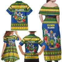 Solomon Islands Christmas Family Matching Off Shoulder Maxi Dress and Hawaiian Shirt Coat Of Arms Merry Xmas