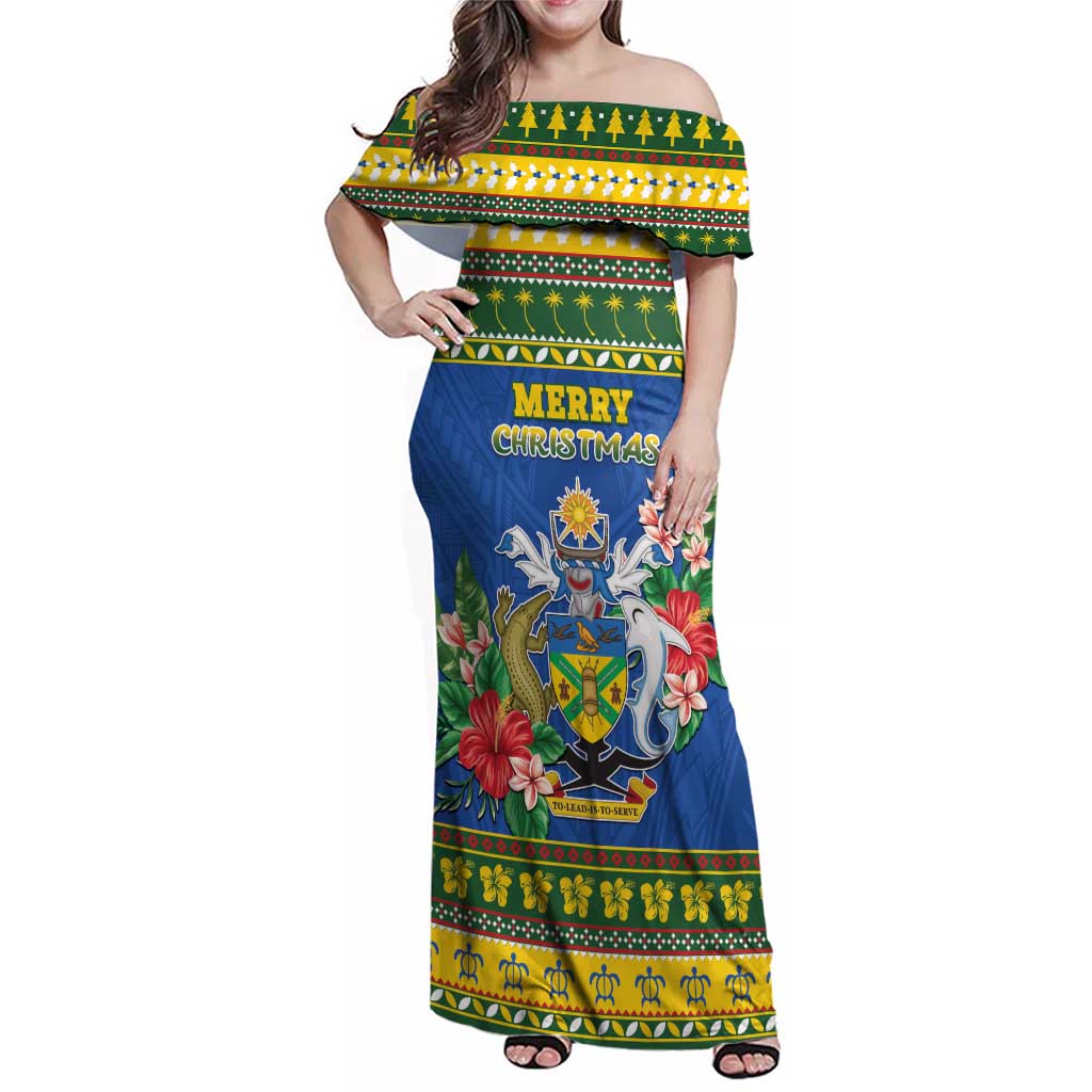 Solomon Islands Christmas Family Matching Off Shoulder Maxi Dress and Hawaiian Shirt Coat Of Arms Merry Xmas
